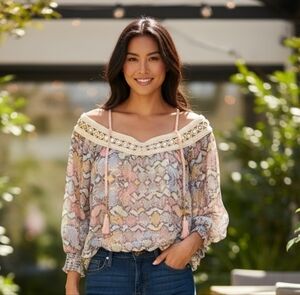Embroidered Off-Shoulder Blouse in Pastel Snake Print